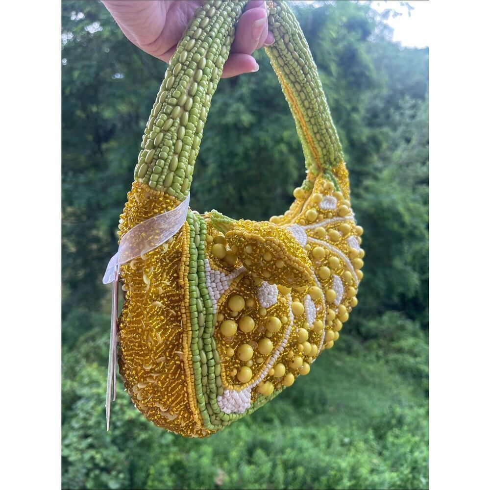 🍋 LEMONS 🍋 Hand-Beaded Yellow & Green Women's Shoulder Bag - viral beaded bags - Picture 4 of 10